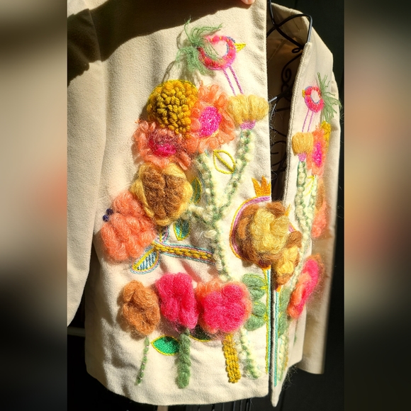 Vintage handmade floral embroidery tan/camel suit jacket lined szS/M - Picture 3 of 10